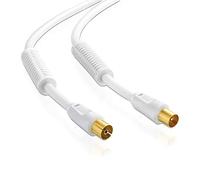 Câble d'antenne | 2m | 75 Ohm | 110 dB | quadruple blindage | Fiche coaxiale > Coupleur coaxial | Câble de raccordement | TV HDTV Radio DVB-T DVB-T2 DAB | 2 noyaux de ferrite | Blanc | 2 m