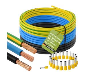 Câble de câblage H07V-K 6 mm², 5 m, noir, 2 m chacun, bleu + vert, jaune, avec 40 embouts de câble, fabriqué en Allemagne