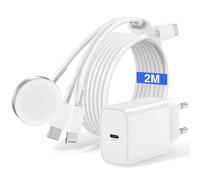 Câble de charge 3 en 1 pour Apple Watch et iPhone, câble USB C de 2 m avec chargeur, adaptateur de type C et câble Lightning pour iPhone 16/15/14 Pro Max/Plus/13/12, iWatch Series SE/10/9/8/7/6/5