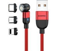Câble de charge magnétique 0,5 mètre SOONTEC Câble de charge magnétique Câble de données rotatif 360°&180° avec 3 prises Micro USB/ USB-C/ Lightning 3,0 A câble de charge magnétique (rouge)