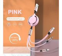 Câble De Chargement 3 En 1 Pour Iphone Android Micro Usb Type-C Téléphone Portable Câble De Données Usb Mignon.Rose.