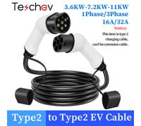 Câble de chargement Teschev EV 16A 11KW chargeur de voiture électrique triphasé 7KW 32A câble EV monophasé Type 2 à Type 2 IEC62196-2 7.2KW 32A 1Phase
