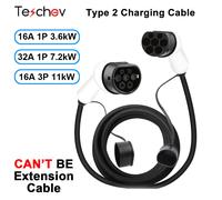 Câble de chargement Teschev Type2 à Type2 EV 16A/32A 3,6 kW 7,2 kW 11 kW pour véhicule électrique, cordon de Type 2 pour Station de chargeur 32A 1Phase 7.2kW