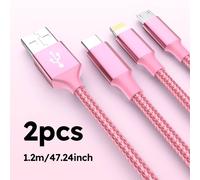 Câble De Chargement Usb 3 En 1 Tressé En Nylon De 1.2m/4 Pieds, Certifié Mfi, Pour Iphone, Samsung, Huawei, Xiaomi, Multi-Ports Multiples 2pcs 1.2m