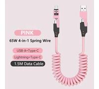 Câble De Données Court À Ressort 4 En 1 65W 6A Usb Type C,Chargeur Rapide Télescopique À Ressort,Câble Usb À Ressort Pour Iphone 15 14 13 12.Rose.
