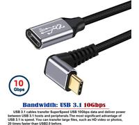 Câble de données mâle vers femelle 10 Gbit/s 100 W USB 3.1 USB-C Type C coudé vers le haut avec manchon pour ordinateur portable 2 m