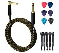 Câble de guitare 6,1 m - Câble d'instrument droit vers droit en nylon tressé plaqué or - 90 degrés TS - Câble d'ampli de basse électrique professionnel 6,35 mm mâle avec 6 médiators + 5 attaches