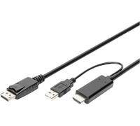 Câble de raccordement Digitus DisplayPort / HDMI Prise femelle DisplayPort , Fiche mâle HDMI-A, USB-A mâle 2 m noir AK-330111-020-S 4K UHD, blindage double,