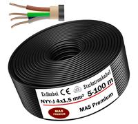 MAS Premium Câble d'alimentation souterrain NYY-J, 5, 10, 15, 20, 25, 30, 35, 40, 50, 60, 70, 75, 80, 90 ou 100 m, 4 x 1,5 mm², câble électrique avec anneau pour pose en extérieur, en sous-sol (15 m)