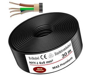 Câble de terre NYY-J courant fort - De 5 à 50 m - 4 x 4 mm² - Câble électrique OFC - Anneau pour pose en extérieur, en sous-sol (30 m)