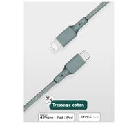 Câble Recyclable en coton USB C/Lightning 2m Night Green Just Green