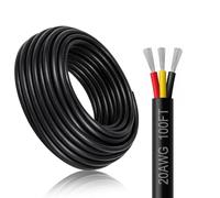 Câble électrique de calibre 20 à 3 conducteurs, 30,5 m noir toronné basse tension 20/3 fils en PVC, câble à 3 fils en cuivre étamé 20 AWG, rallonge flexible pour éclairage de lampe LED, câblage