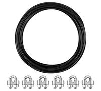 Câble en Acier Noir 1 Rouleau 15m Câble Métallique en Acier 3mm Câble de Suspension en Acier Gainé de PVC Isolé avec 6 Pcs M3 Serre-câbles pour Masion Jardin Extérieur Industrie Guirlande