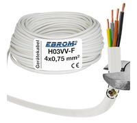 Câble en plastique rond H03VV-F avec câble LED 4 x 0,75 mm² (mm2) 4G0,75 - Couleur : blanc 10 m/15 m/20 m/25 m/30 m/35 m/40 m/45 m/50 m/55 m/60 m etc. jusqu'à 250 m en 5 mètres