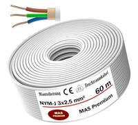 Câble étanche d'alimentation Câble gainé Câble électrique Anneau à poser sur, sur, dans et sous le plâtre, dans des pièces sèches, humides et mouillées Fabriqué en Allemagne (NYM-J 3x2,5 mm², 60m)