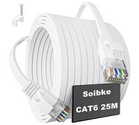 Câble Ethernet 25m, Câble Réseau RJ45 Cat 6 Gigabit Cable LAN 25m, Blanc UTP Câble Internet 25 Mètres Impermeable Haut Debit Fibre 10/100/1000Mbit/s Extra Long Cable Patch Plat (25 Clips)