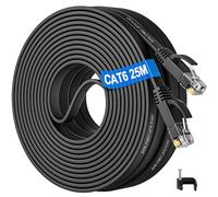Cable Ethernet 25m, Cat 6 Cable Rj45 25 Mètres Plat Câble Réseau Haut Débit Fibre Fil Ethernet 25m Extérieur Intérieur Gigabit 1000Mbps Noir Câble Internet Lan Patch pour Switch Routeur