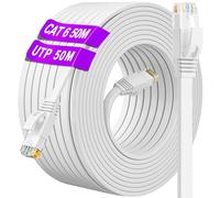Câble Ethernet 50m, Cat 6 Cable RJ45 50m Câble Réseau, Blanc Long Cable Internet Haut Débit 10/100/1000Mbps 250MHz, Plat Gigabit LAN Extérieur Intérieur Imperméable pour Routeur Switch Modem(50 Clips)