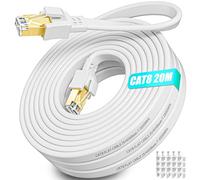 Cable Ethernet Cat 8, Cable Rj45, 20m, Blindé Haut Debit Fibre Câble Réseau Plat 40Gbps 2000MHz, Lan Cable Intermet 20 Mètres Extérieur Intérieur Patch Blanc pour Routeur Modem