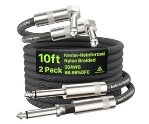 Câble Guitare Électrique Angle Droit 2 Pack 3 m, Tressé Nylon Anti-Nœuds Renforcé Kevlar, 20 AWG 99.99% OFC Cable Guitare 6.35 mm, Blindé AL & OFC Cable Jack Guitare pour Guitare Électrique Fender