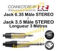 Câble Jack 3.5 Male STEREO vers Jack 6,35 Mâle STEREO long 2 Metres Rean By Neut