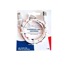 Câble Kami plat 3 A USB vers microUSB, USB-C, Lightning 1m FastCharge Blanc