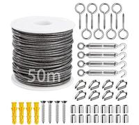 Câble métallique 2 mm, 50 m, en acier inoxydable 304, avec revêtement en PVC, kit de support de câble métallique avec tendeur M5, vis à œillets, cosses (45 pièces)