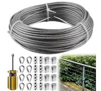 Câble métallique 3 mm - 20 m - En acier inoxydable 304 - Avec manchons en aluminium - Câble en acier inoxydable avec œillets - Cosses de câble métallique pour cordes, suspension, fibre optique, pêche