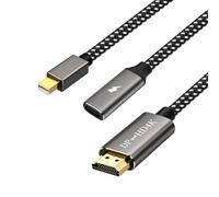 Câble Mini DisplayPort 4K vers HDMI de 1,8 m, bidirectionnel, 4K @ 60 Hz 2K | Câble HDMI vers mini tressé actif haute vitesse pour Thunderbolt 1 et 2 MacBook Pro, Surface, Lenovo, Dell, HP, moniteur, TV