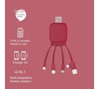 Câble Multi Connecteurs USB - Hub USB 4 en 1- Chargeur Universel et Batterie Externe 3000 mAH en Plastique Recyclé - Octopus Gamma - Rouge