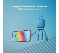 Câble Multi Connecteurs Usb - Hub Usb 4 En 1- Chargeur Universel Et Batterie Externe 3000 Mah En Plastique Recyclé - Octopus Gamma - Bleu