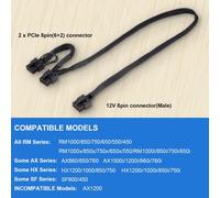 Câble PCIE pour Corsair,PSU 8Pin mâle vers double PCIe 8Pin (6+2) mâle Câble d'alimentation pour Corsair Modular Power Supply RM/HX/CX-M Series