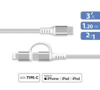 Câble Renforcé 2 en 1 USB C / USB C & Lightning 3A 1.2m PD 60W Blanc + Garantie à vie Force Power Lite
