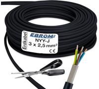 Câble souterrain NYY-J avec 3 brins de 2,5 mm² - Vendu au mètre. Pour circuit de courant fort - Ligne de terre en PVC noir - Coupe par pas de 1 mètre - Exemple : 20 m, 25 m, 35 m, 50 m, etc