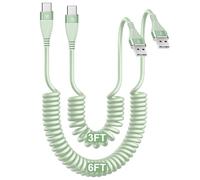 Câble spiralé USB A vers USB C pour CarPlay [0,9 m + 1,8 m], câble USB vers USB C à charge rapide de 60 W, câble USB de type C pour iPhone 17/16/15/Pro Max/Plus/Samsung Galaxy S26/S25/Ultra-vert
