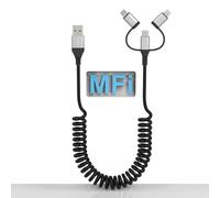 Câble spiralé USB vers USB-C/Micro USB/Lightning - 3 en 1 Câble spiralé pour Apple Carplay et Android Auto MFi, câble de charge rapide de données 3 A pour iPhone 15/15 Pro/14/13, Galaxy, téléphone