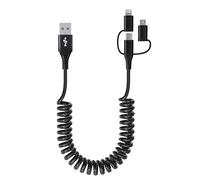 Câble Spirale Voiture pour Apple CarPlay et Android Auto [MFi & 3A Charge Rapide & Sync des Données] Câble USB vers USB C et Lightning et Micro-USB 3en1 pour iPhone 17/16/15/14/13/12/11/Galaxy/Android