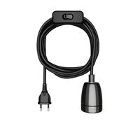 ledscom.de Câble textile LEHA II, fiche, interrupteur, noir brillant, 3 m, douille en porcelaine, 1x E27 max. 300W