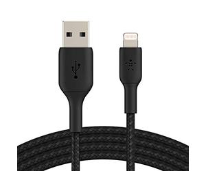 Câble tressé - BELKIN - Lightning vers USB-A - 2 m - Noir | Cordon tressé certifié MFi, anti-nœuds, iPhone 14/13/12/11 et versions antérieures, iPad, AirPods, Apple CarPlay