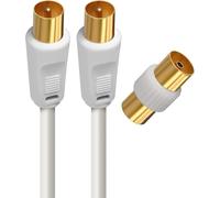 Câble TV Antenne 9.52mm,2 Mètres,Connecteurs Gold Mâle/Mâle,Cordon Coaxial Blanc avec Adaptateur Femelle/Femelle Inclus,Compatible TV Décodeur TNT Fiche Murale 9.52mm,408014