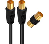 Câble TV Antenne 9.52mm,2 Mètres,Connecteurs Gold Mâle/Mâle,Cordon Coaxial Noir avec Adaptateur Femelle/Femelle Inclus,Compatible TV Décodeur TNT Fiche Murale 9.52mm,408019