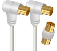 Câble TV Antenne 9.52mm,Coudé 2 Mètres,Connecteurs Gold Mâle/Mâle,Cordon Coaxial 90° Blanc avec Adaptateur Femelle/Femelle Inclus,Compatible TV Décodeur TNT Fiche Murale 9.52mm,408018