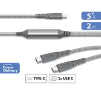Câble Ultra-Renforcé Double USB C / USB C+C 5A 2m PD 100W Gris + Garantie à vie Force Power
