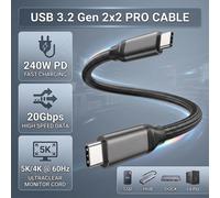 Câble USB C 3.2 Gen 2x2, transfert de données 20 Gbps, cordon pour moniteur 4K@144Hz, charge rapide PD 240W, câble Type C 3.1 pour hub SSD, station d'accueil, EGPU Black Braided Cord