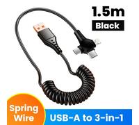 Câble Usb C 3 En 1 120W, Câble De Données Rétractable À Ressort De Charge Super Rapide Pour Iphone Huawei Xiaomi, Cordon De Données De Chargeur Rapide Pour Téléphone.Black Spring.1,5M