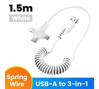 Câble Usb C 3 En 1 120W, Câble De Données Rétractable À Ressort De Charge Super Rapide Pour Iphone Huawei Xiaomi, Cordon De Données De Chargeur Rapide Pour Téléphone.White Spring.1,5M