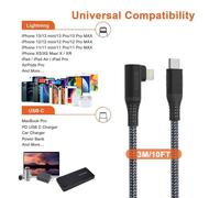 Câble Usb C Vers Lightning Coudé, 3m Câble De Chargeur Iphone À 90 Degrés [Certifié Mfi] Chargeur Iphone Long Et Rapide En Nylon Tressé Compatible Avec Iphone 13/13 Pro Max/13 Mini/12/11/Xs/Xr/8