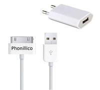 Cable USB + Chargeur Secteur Blanc Compatible avec IPHONE 4 / 4S / 3G / 3GS - Cable Mesure 1 Metre Chargeur Prise Murale Phonillico®