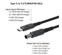 Câble Usb Type C Vers Dc,Alimentation Pour Ordinateur Portable,Ligne De Convertisseur,Fil De Charge Rapide Pour Hp,Dell,Bali,Pd,180 W,140 Cm,20V,7A.-7450 For Dell.