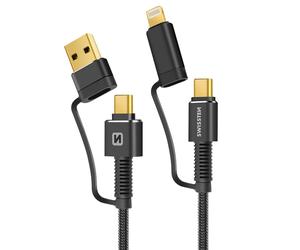 Câble USB + USB-C 60W pour iPhone et iPad, Swissten Aramid Gris 1,5m